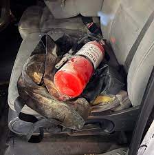 The fire extinguisher that Alhambra Police Dog Otis found the fentanyl pills hidden away in;