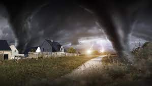 Several tornadoes tearing up a neighborhood;