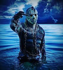 Jason Voorhees walking out of a lake with chains around his body;