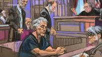 Courtroom sketch of Jeffrey Epstein in his prison blues sitting before a federal judge in Manhattan, New York;