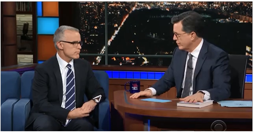 Stephen Colbert interviewing former acting FBI Director Andrew McCabe