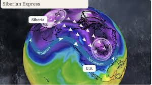 The bone chilling cold from the Siberian Express going through Canada into the United States;